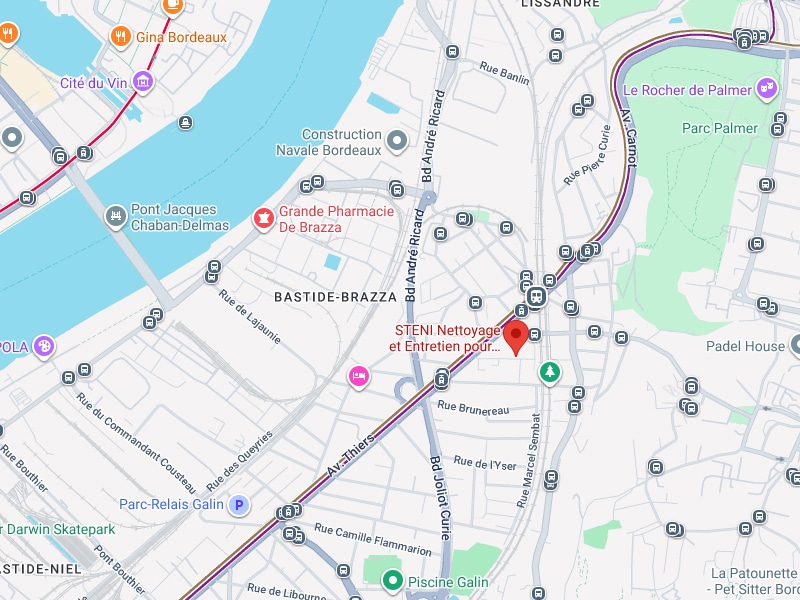 STENI Nettoyage : Localisation à Bordeaux Bastide-Brazza Localisation de STENI Nettoyage et Entretien à Bordeaux Bastide-Brazza près de l'Avenue Thiers et du Pont Chaban-Delmas.