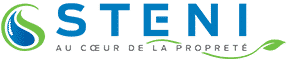 STENI : Services de nettoyage au cœur de la propreté Logo STENI bleu et vert avec goutte et feuille, slogan AU CŒUR DE LA PROPRETÉ pour services de nettoyage.